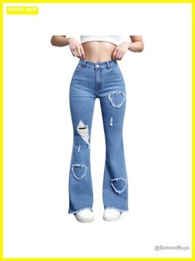 High Waisted Bell Bottom Flare Jeans Ripped Heart Y2K Stretch Denim Pants
